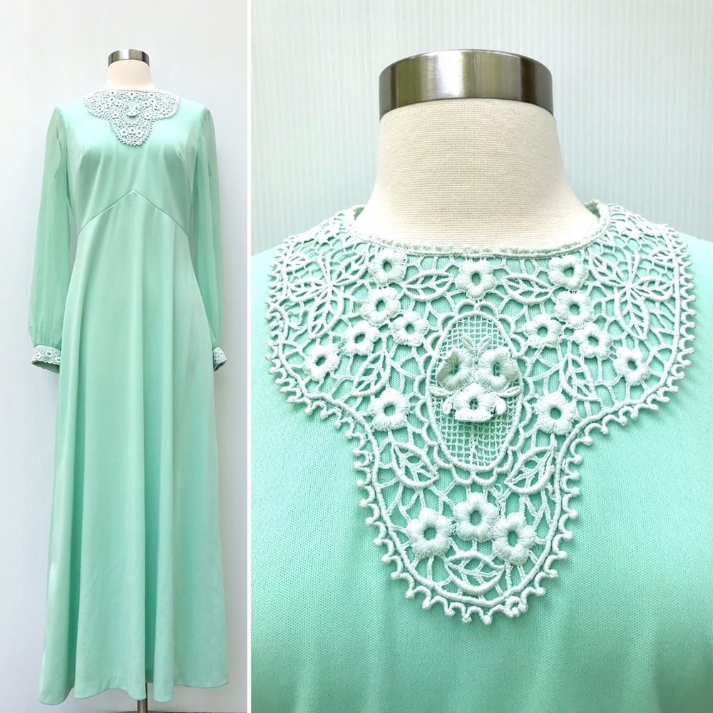 Vintage 60’s mint green lace long sleeve maxi dress formal cocktail black tie